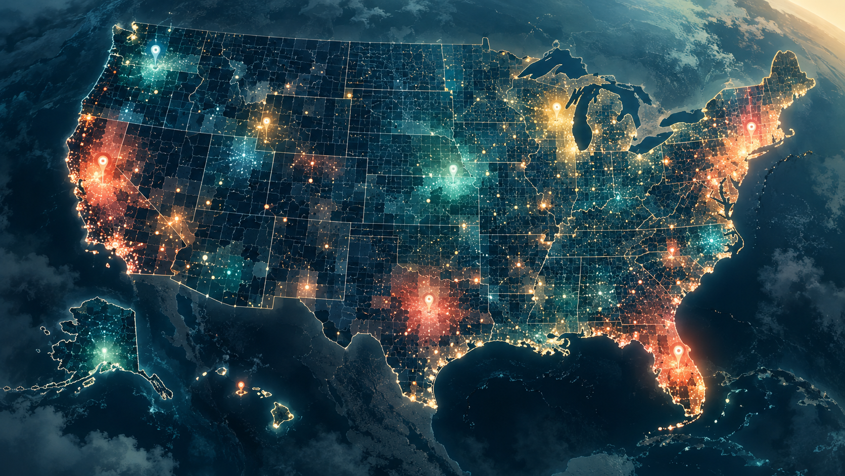 Artistic illuminated U.S. map suggesting geographic discovery, not a statistical map